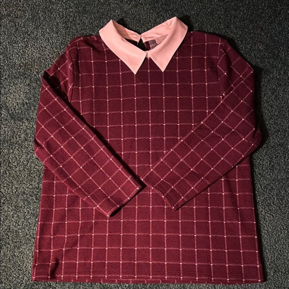 Loft Women’s Plaid Long Sleeve Top with Button Collar Size Large